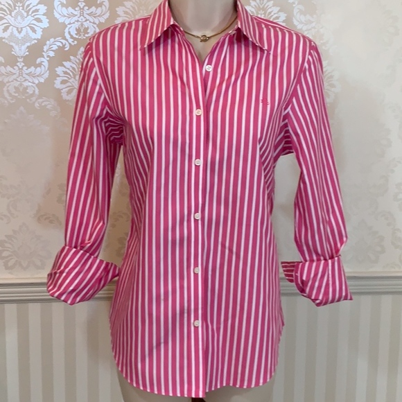 Ralph Lauren Tops - Ralph Lauren Pink & White Striped Non-Iron Shirt